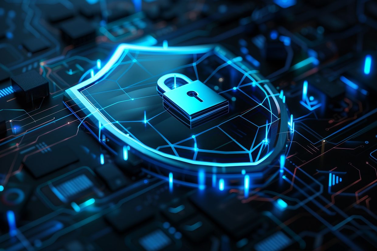 3D illustration of shield with lock and digital data network, blue color theme, isometric view, on dark background, concept for cyber security technology or online protection, detailed design, high resolution --ar 16:9 Job ID: fd295fbe-f95b-4c9b-a74c-1a67df883f9c